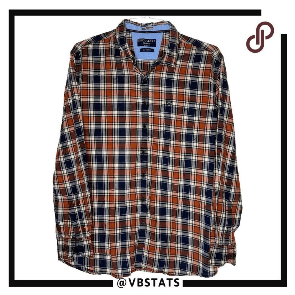 Scullers Men's Plaid Relaxed Silk Protein Button Down Shirt Orange Blue Size XL
